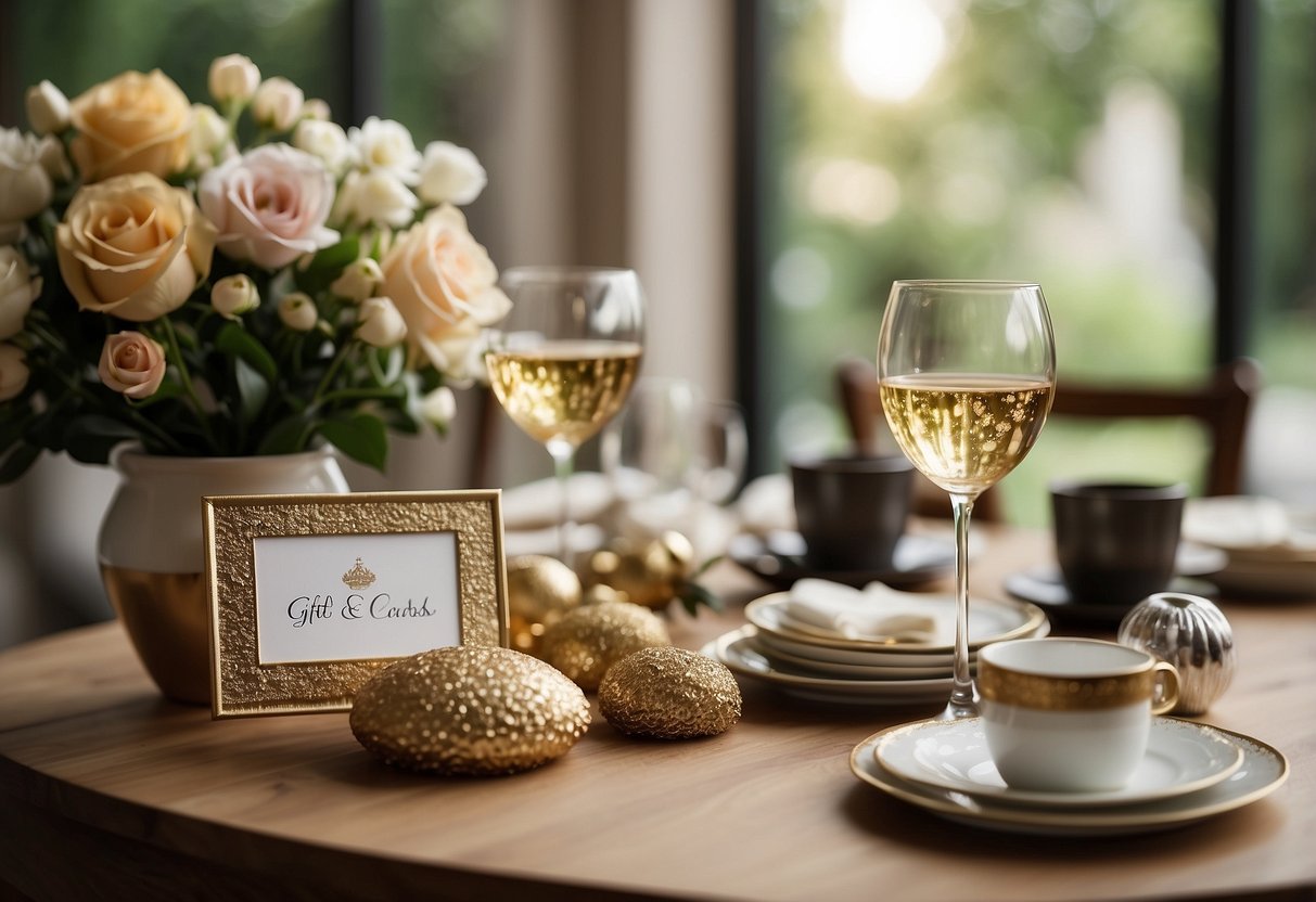 A table sign reads "Gifts and Cards" surrounded by elegant decorations and floral arrangements