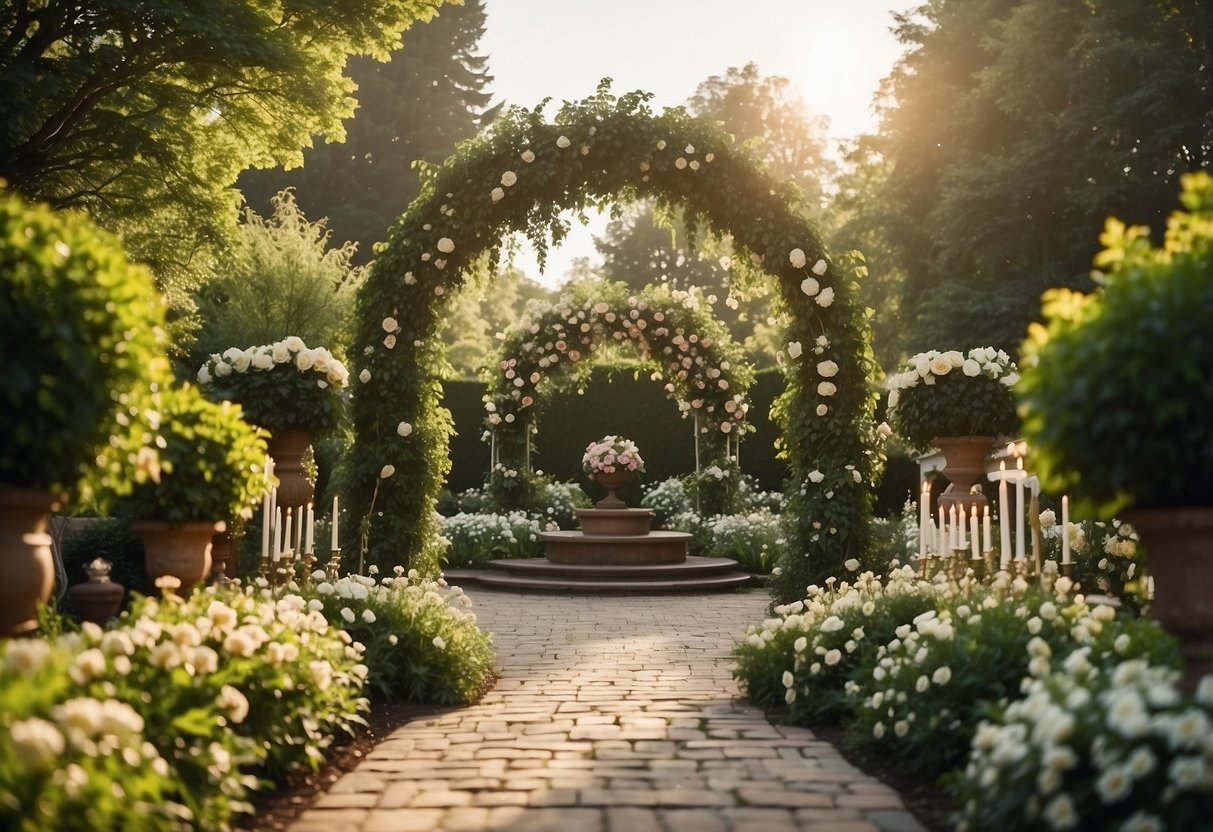 A lush garden setting with a circular wedding arch adorned with personalized details such as monogrammed initials, floral arrangements, and twinkling lights