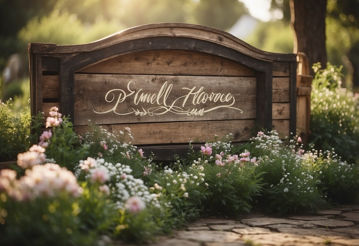 A rustic wooden sign with elegant calligraphy, surrounded by blooming flowers and greenery. A romantic setting with soft lighting and a hint of vintage charm