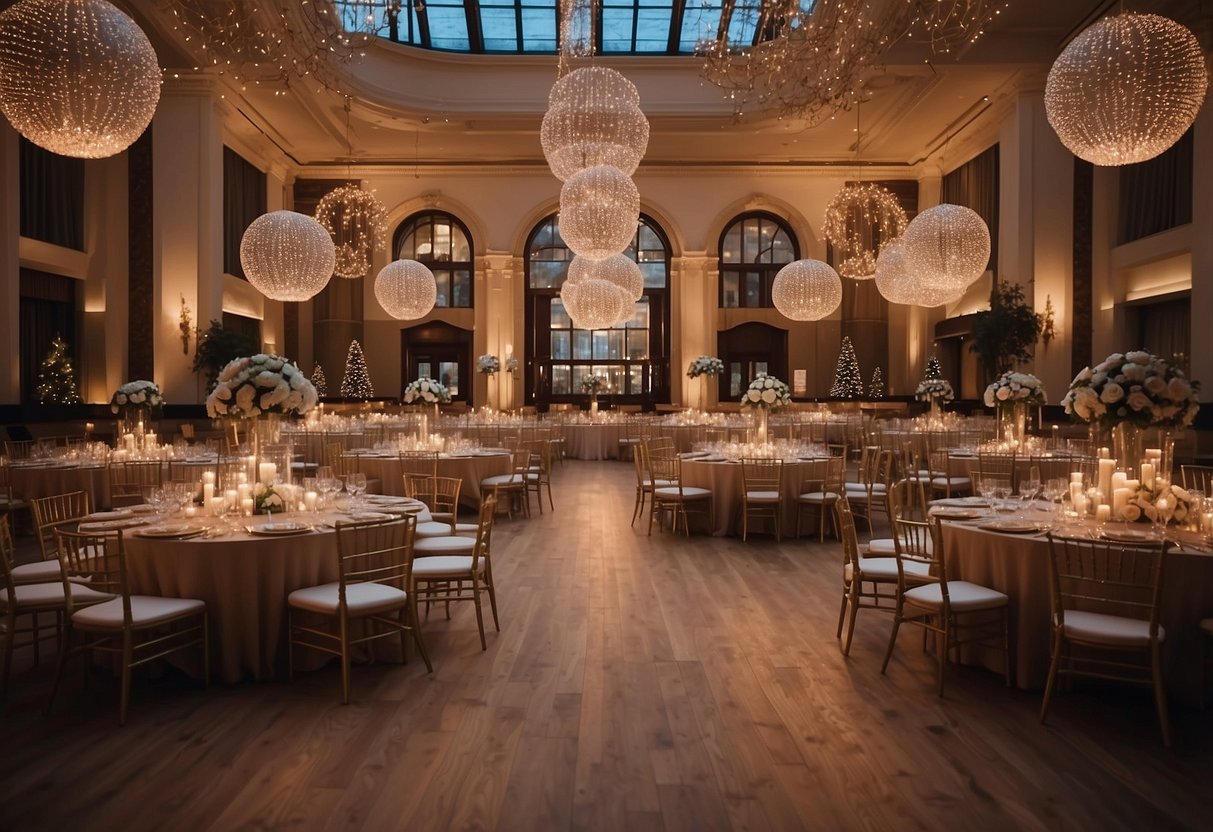 A grand hall with round tables adorned with elegant centerpieces, twinkling fairy lights, and a dance floor with a stunning floral backdrop