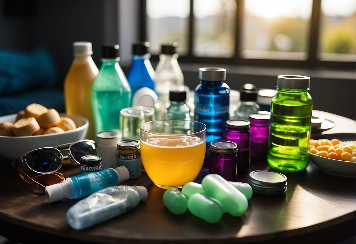 A table with a variety of hangover kit items: water bottles, pain relievers, eye masks, mints, and energy drinks