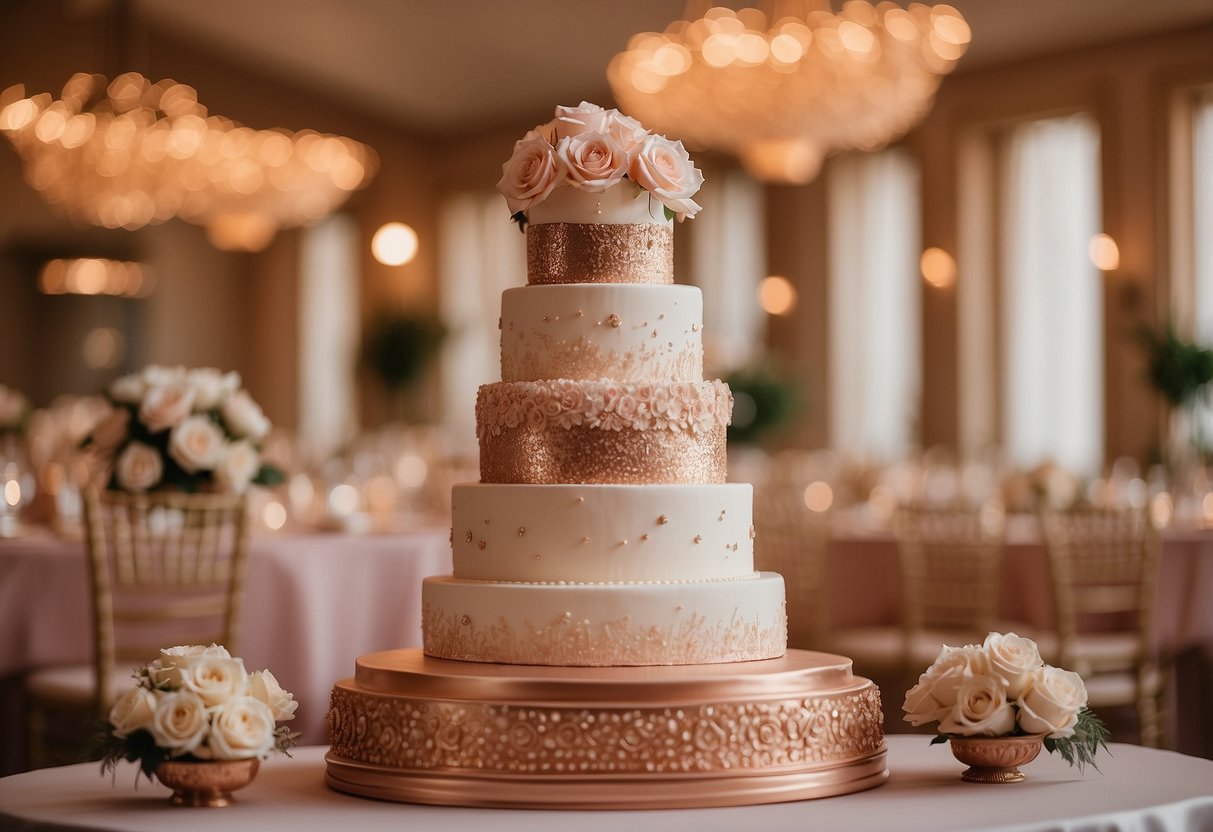 A tiered wedding cake adorned with elegant rose gold cake toppers, set against a backdrop of romantic rose gold wedding decor