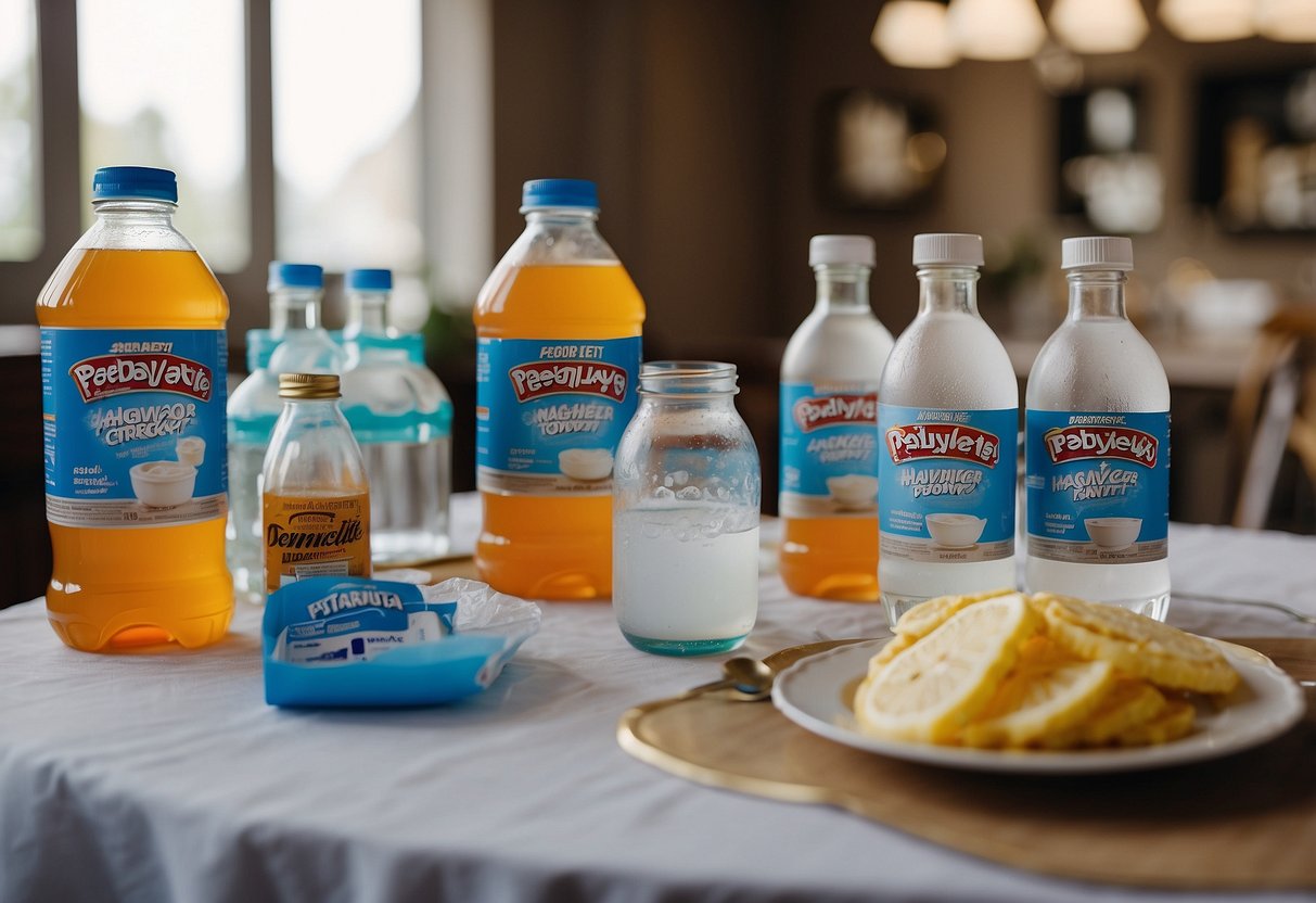 A table with Pedialyte Electrolyte Powder packets, water bottles, and aspirin. A wedding backdrop with a sign reading "Hangover Kit" on a decorated table