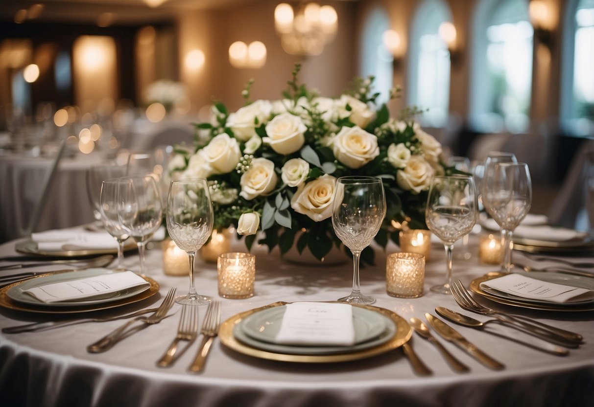 A beautifully decorated wedding reception table with personalized wedding favors arranged in elegant settings