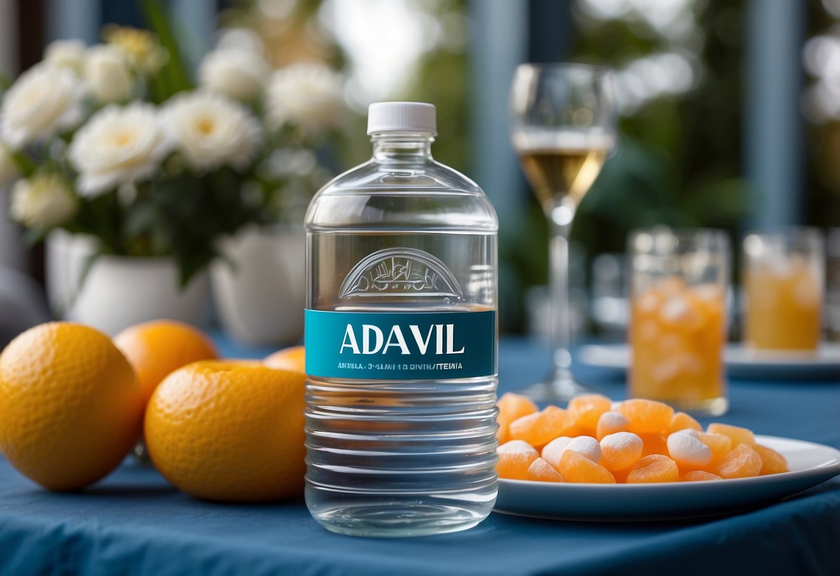 A table displays Advil Liqui-Gels, water bottles, and mints. A wedding backdrop is visible in the background