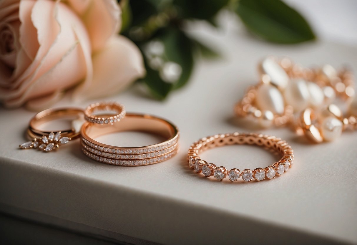 A table displays rose gold jewelry: earrings, necklaces, and bracelets. The pieces are delicate and elegant, perfect for bridesmaids