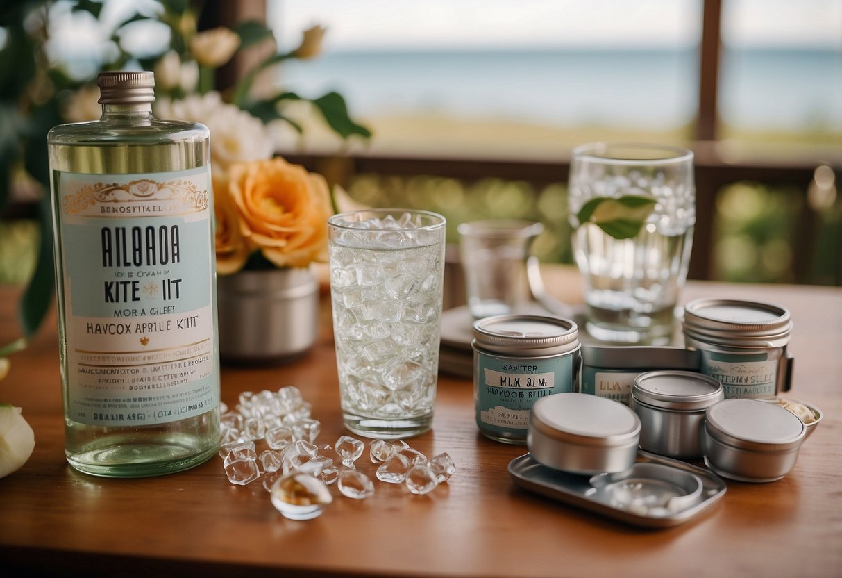 An open Alka-Seltzer Hangover Relief kit surrounded by wedding decor and empty glasses