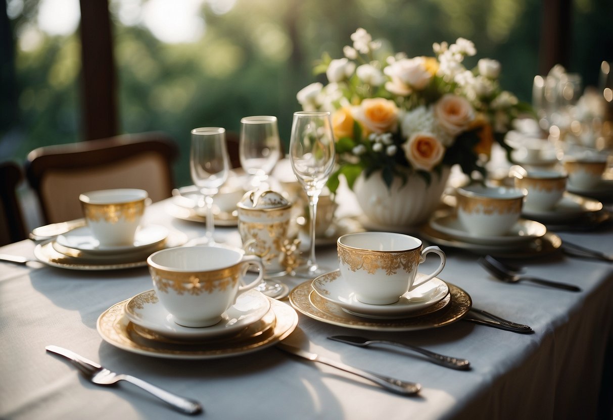 A long table adorned with vintage china place settings, delicate teacups, and ornate silverware for a wedding reception