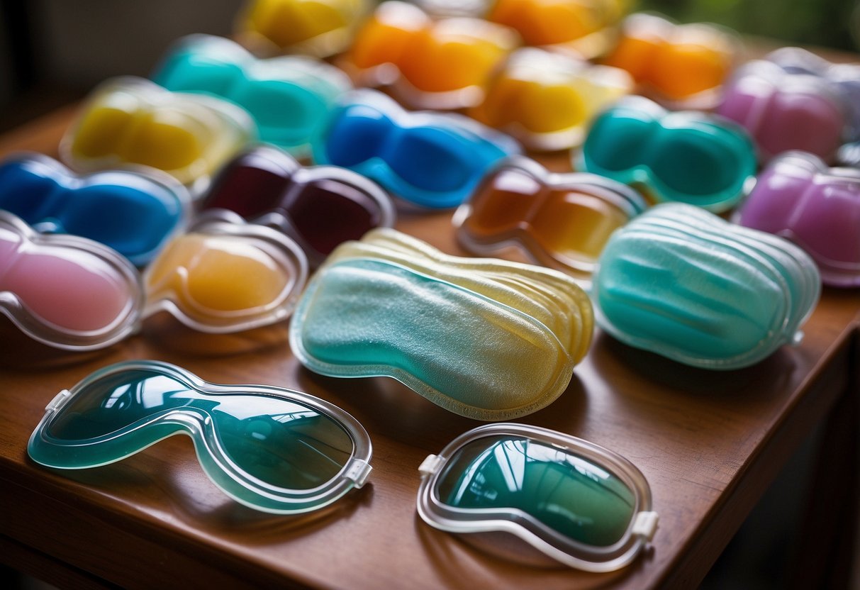 A table displays a variety of cooling gel eye masks, part of a hangover kit for wedding guests