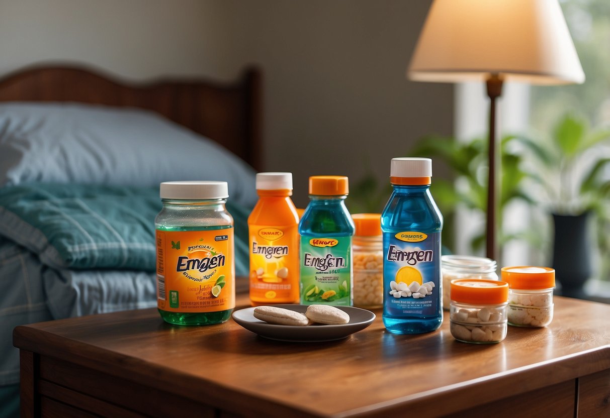 Emergen-C packets, water bottle, pain reliever, and eye mask arranged on a bedside table