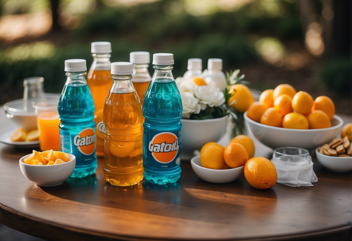 A table with Gatorade bottles, water, Advil, and snacks for a wedding hangover kit