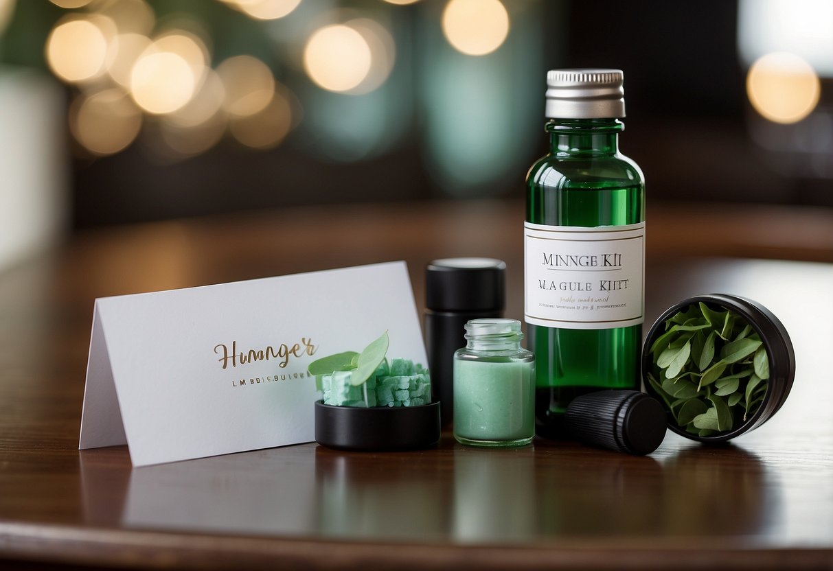 A table with a Peppermint Essential Oil Roller, water bottle, mints, and a small note card labeled "hangover kit" for wedding guests