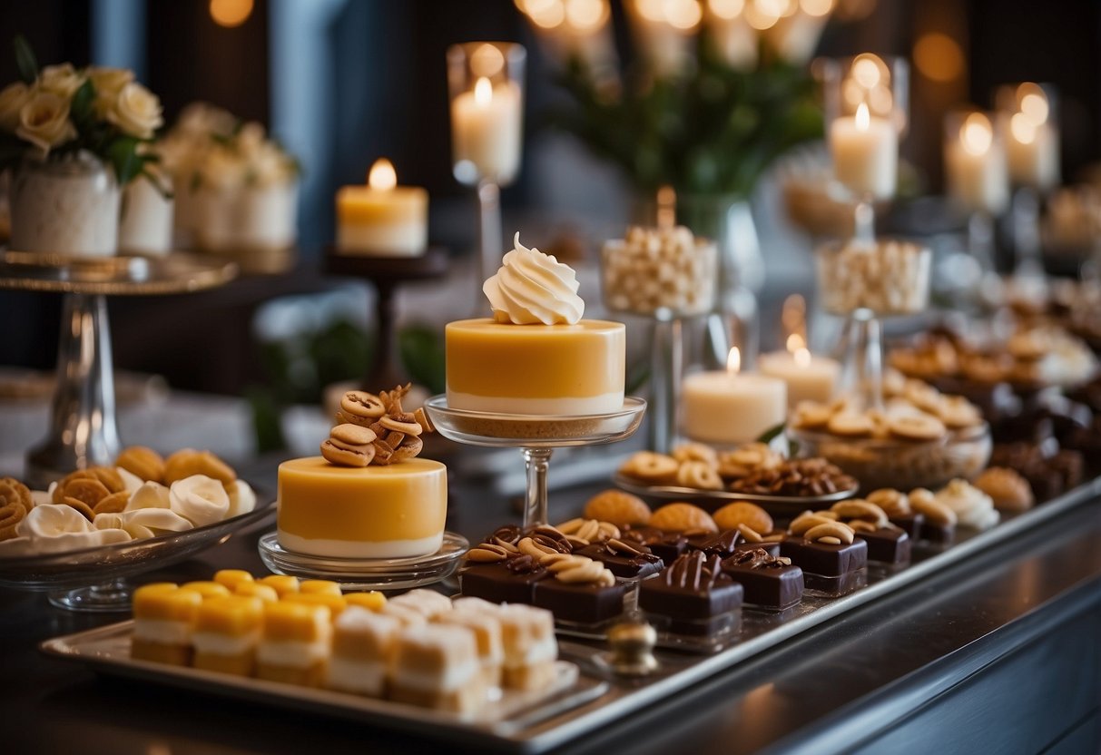 A dessert bar with a variety of sweet treats displayed on elegant platters and stands, surrounded by floral arrangements and soft candlelight