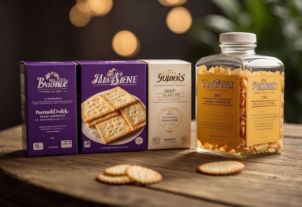 A small box contains saltine crackers, water bottle, and pain reliever packets. A wedding logo is printed on the packaging