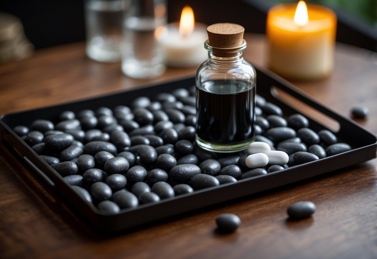 Activated charcoal capsules, water bottle, and pain relievers arranged on a decorative tray with a wedding theme backdrop