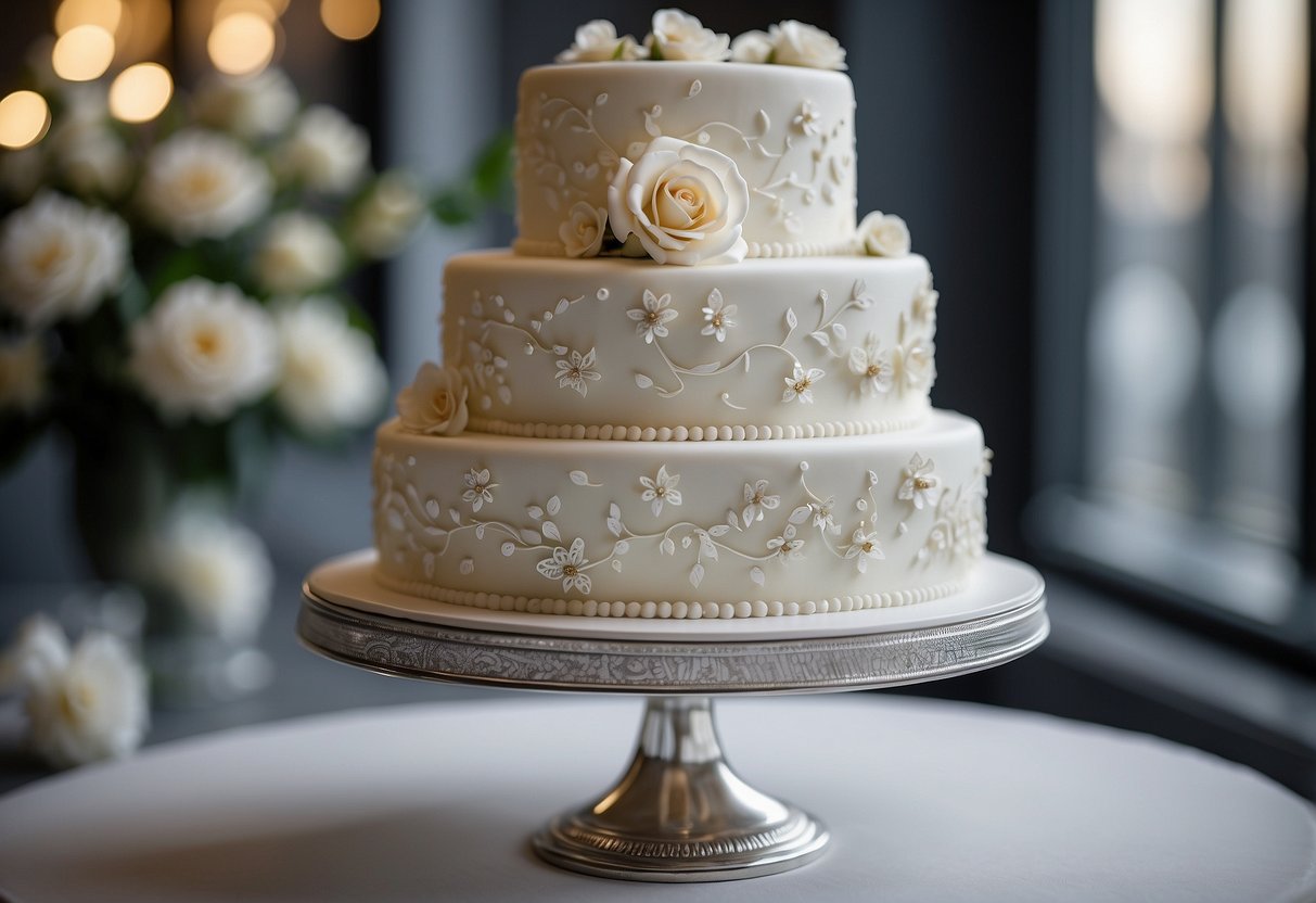 A white two-tier wedding cake adorned with delicate sugar flowers and intricate piping, sitting atop a silver cake stand