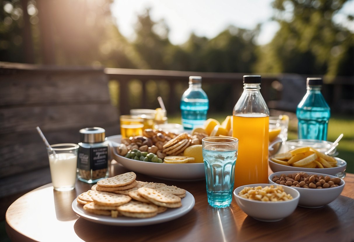 A table with sunglasses, water bottles, pain relievers, and snacks for a wedding hangover kit