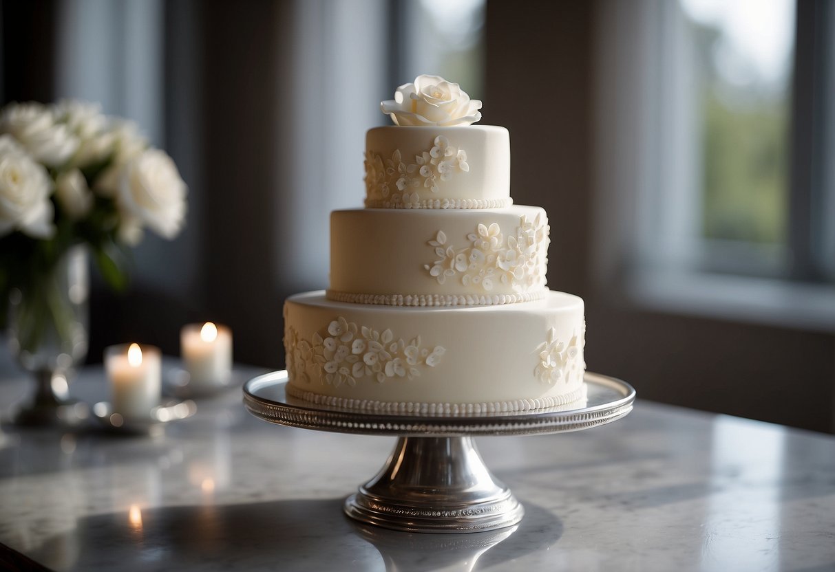 A two-tiered vanilla fondant wedding cake adorned with classic white floral decorations sits on a polished silver cake stand