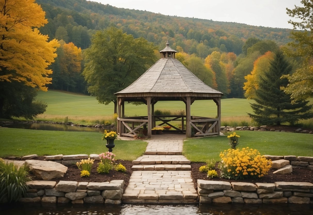 A picturesque barn wedding venue in rural Pennsylvania, surrounded by rolling hills and colorful foliage, with a charming gazebo and a serene pond