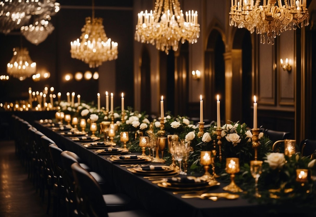 A lavish black and gold wedding reception with ornate centerpieces, elegant table settings, and opulent chandeliers casting a warm glow