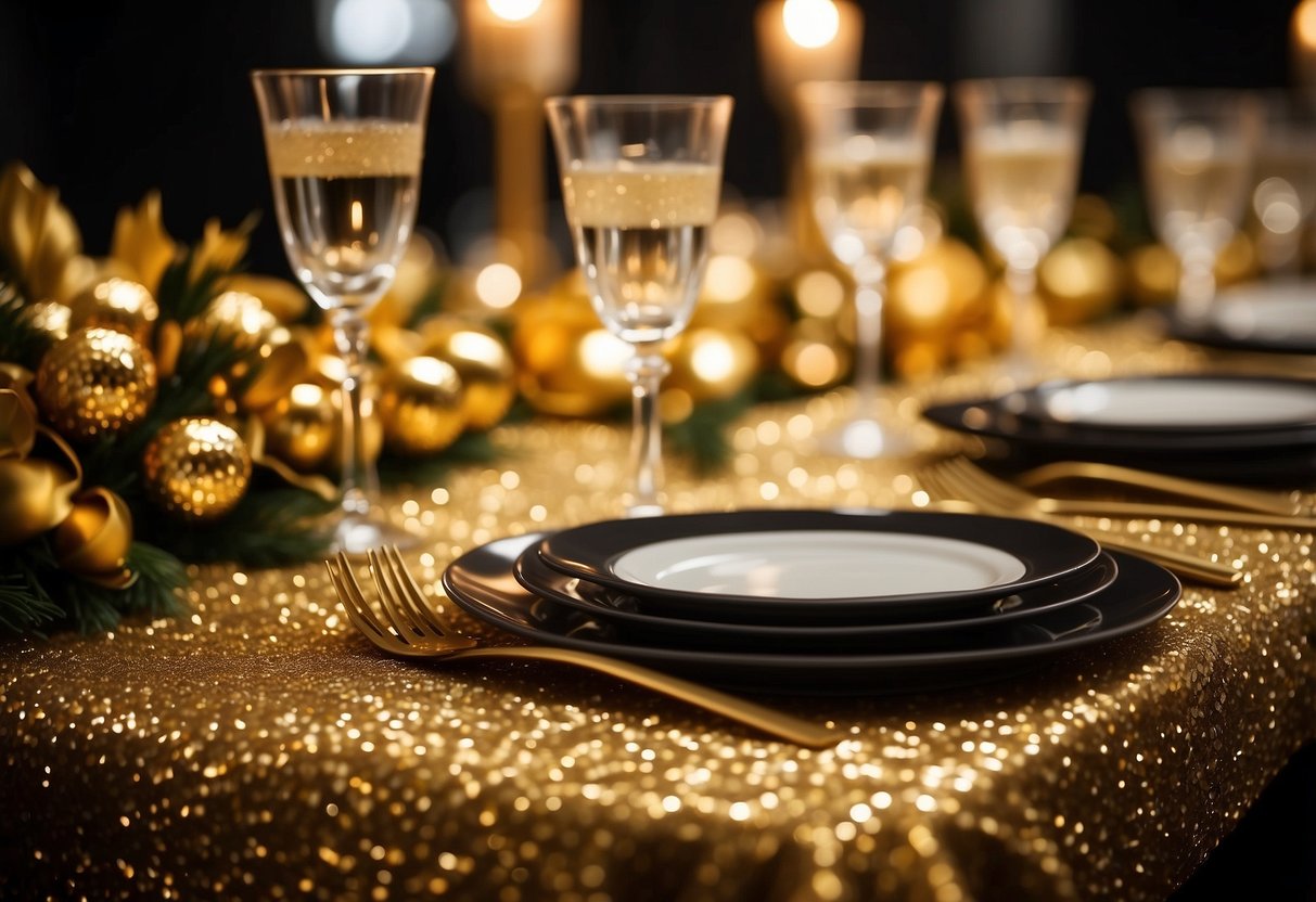 Golden sequin tablecloths shimmering under soft lighting, adorned with elegant black and gold table settings