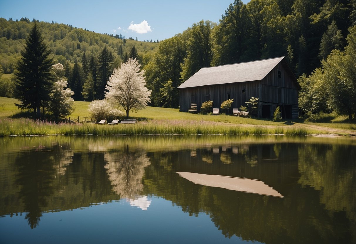 A picturesque barn nestled in rolling hills, surrounded by lush greenery and blooming flowers. A serene pond reflects the clear blue sky, creating a perfect backdrop for a wedding ceremony at Pine Hill Farm