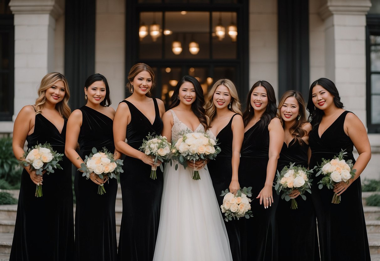 Black velvet bridesmaid dresses in a luxurious black and gold wedding setting