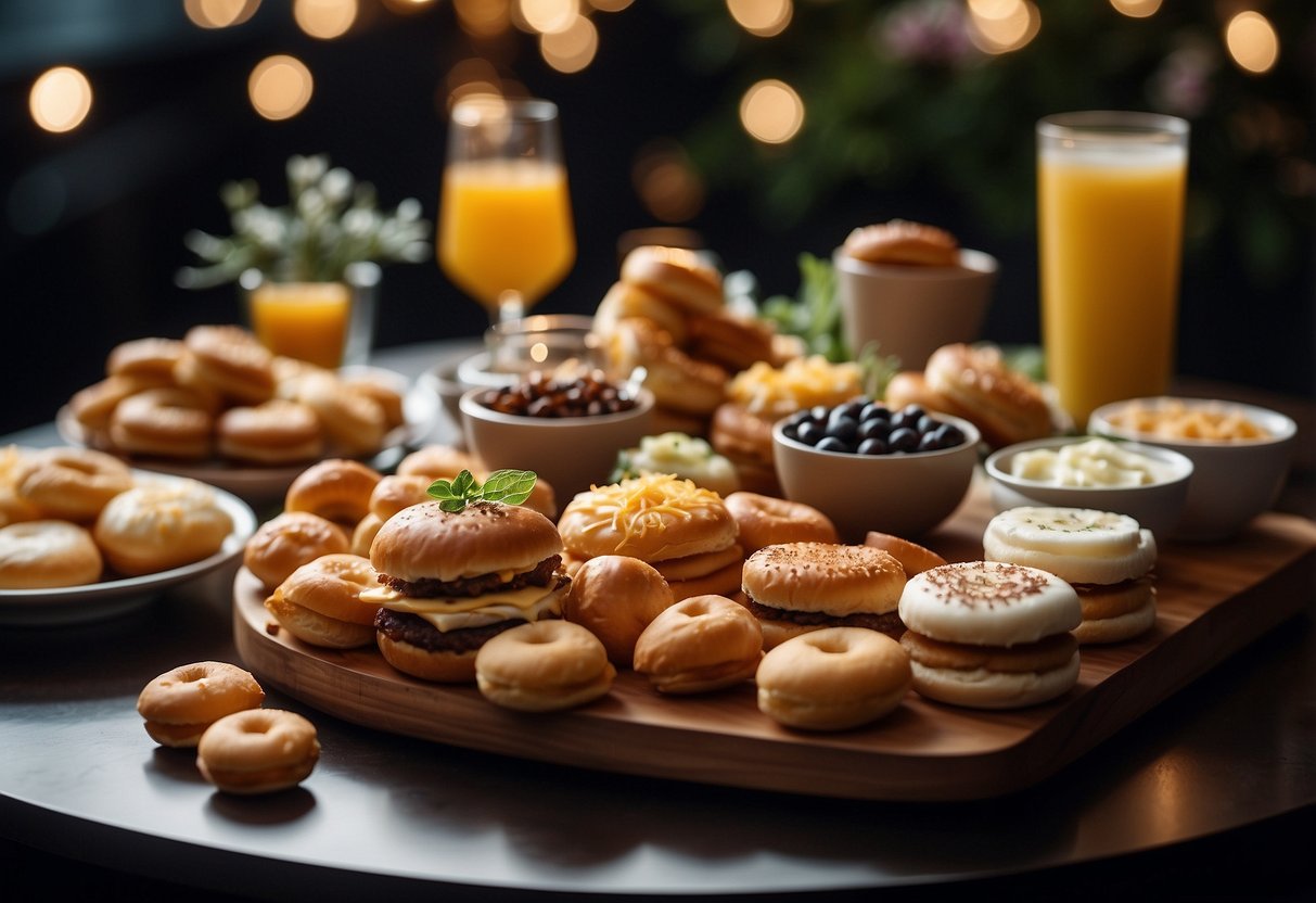 A table adorned with a variety of late-night snacks, such as mini sliders, gourmet grilled cheese, and bite-sized donuts, surrounded by twinkling lights and floral arrangements