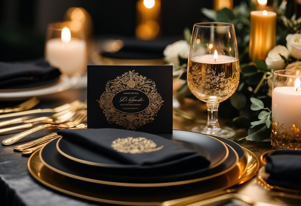 Gold foil invitations with elegant calligraphy lay on a black and gold table setting, surrounded by luxurious floral arrangements and flickering candlelight