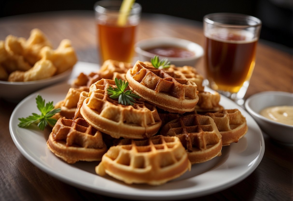 A platter of mini chicken and waffles arranged elegantly on a table, with small dishes of syrup and hot sauce placed alongside for dipping