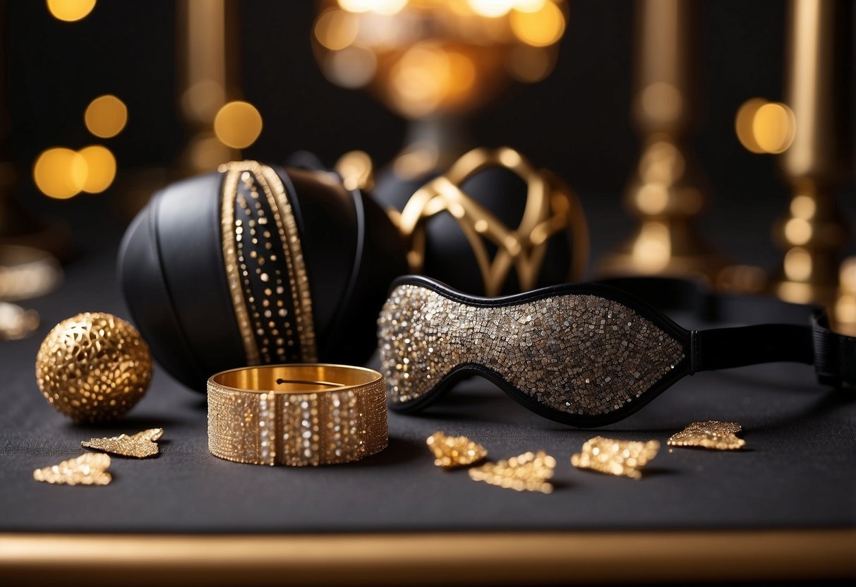 Black and gold photo booth props arranged on a table with wedding decor in the background