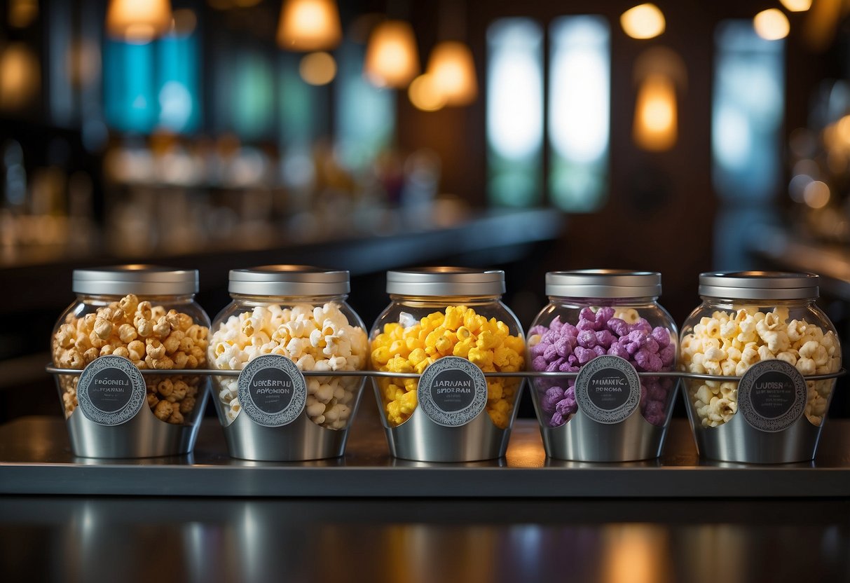 A colorful array of gourmet popcorn flavors displayed on a stylish bar, with elegant signage and decorative toppings