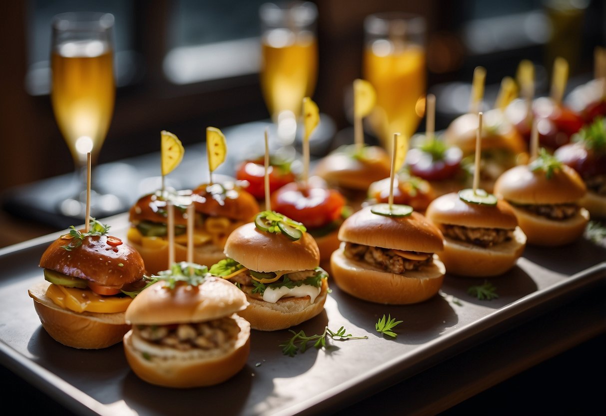 A table filled with sliders topped with various condiments and garnishes, ready to be served as late-night wedding snacks