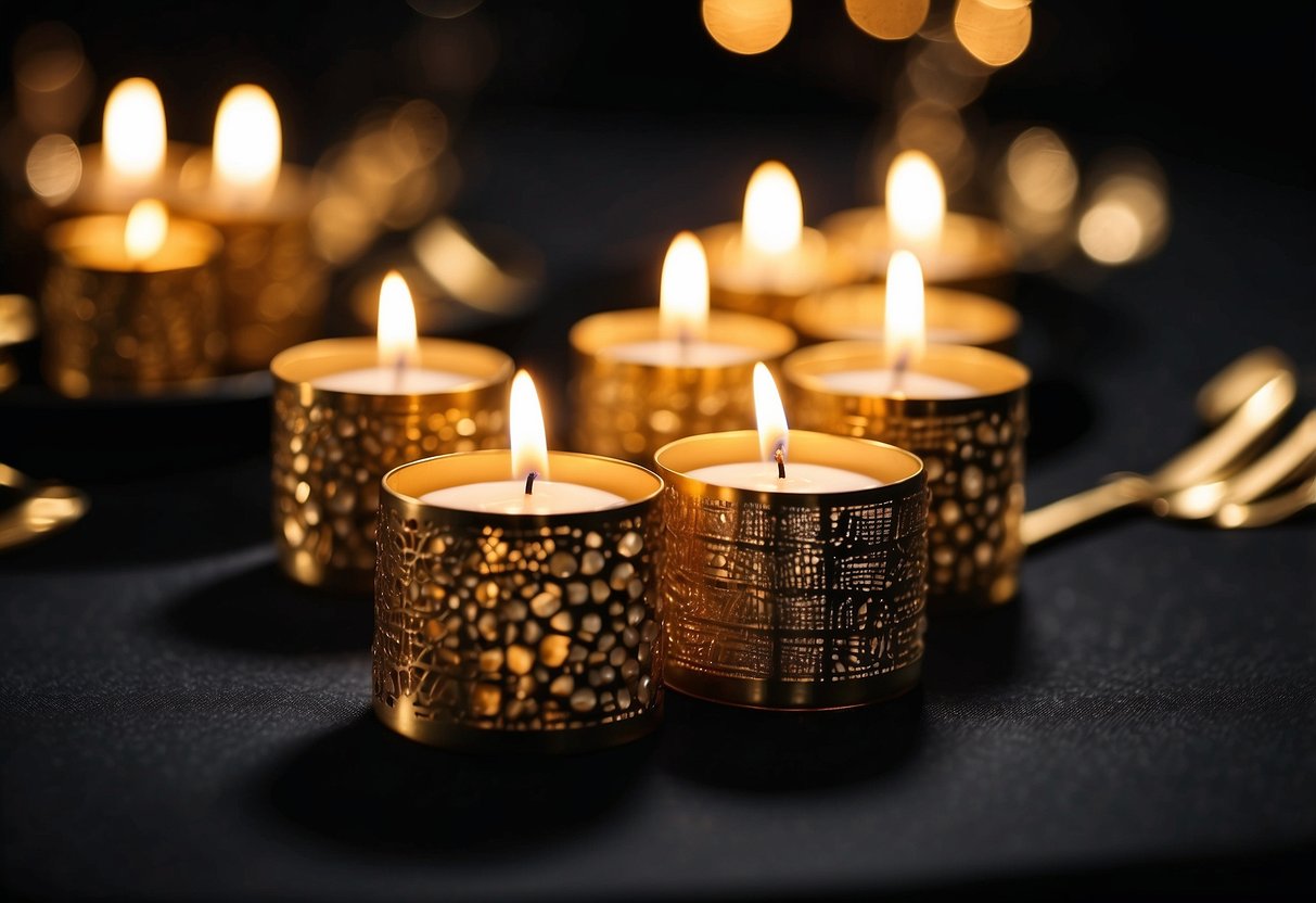 Golden candle holders arranged on black tablecloth with gold accents, creating elegant wedding decor