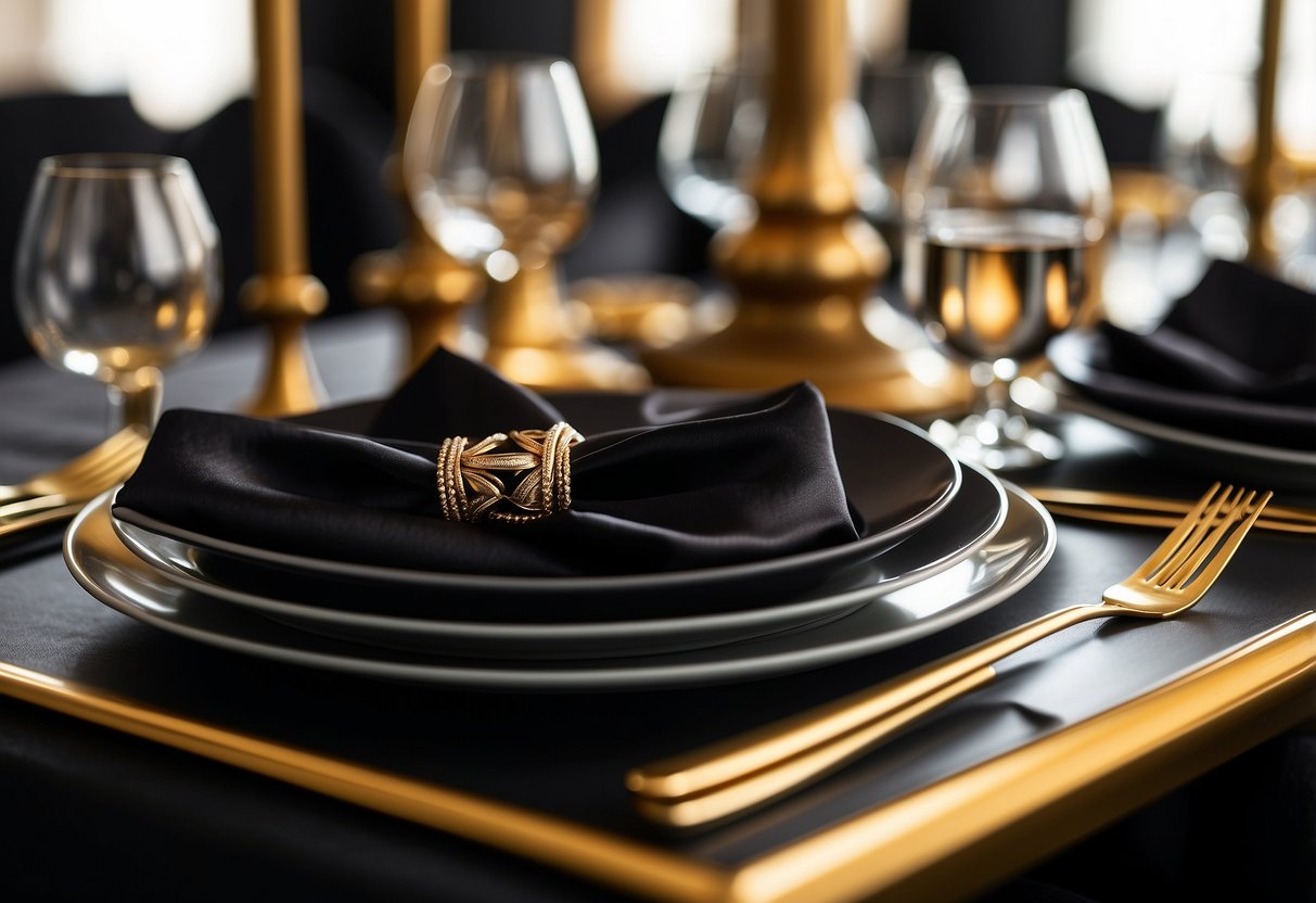 Black satin napkins folded neatly and secured with gold rings on a table set for a black and gold themed wedding