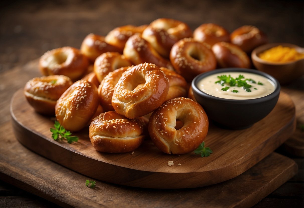 A platter of soft pretzel bites with cheese dip, displayed on a rustic wooden board with small bowls of dipping sauce