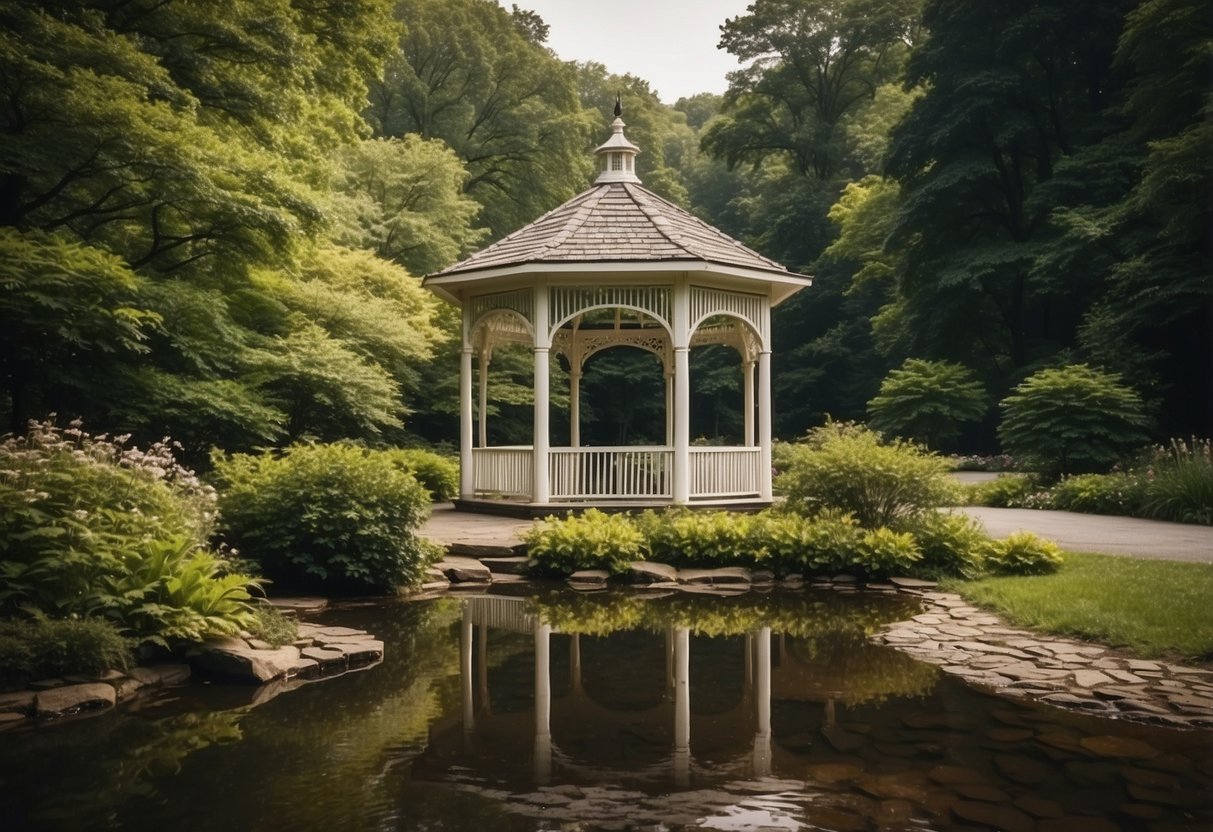 A picturesque gazebo overlooks a serene pond, surrounded by lush gardens and towering trees at Riverdale Manor, one of the best places to get married in Pennsylvania