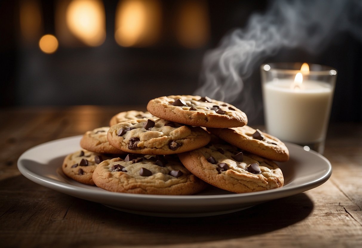 Freshly baked chocolate chip cookies sit on a rustic wooden table, steam rising from their warm centers. A soft glow illuminates the cozy scene, inviting guests to indulge in this delightful late-night wedding snack