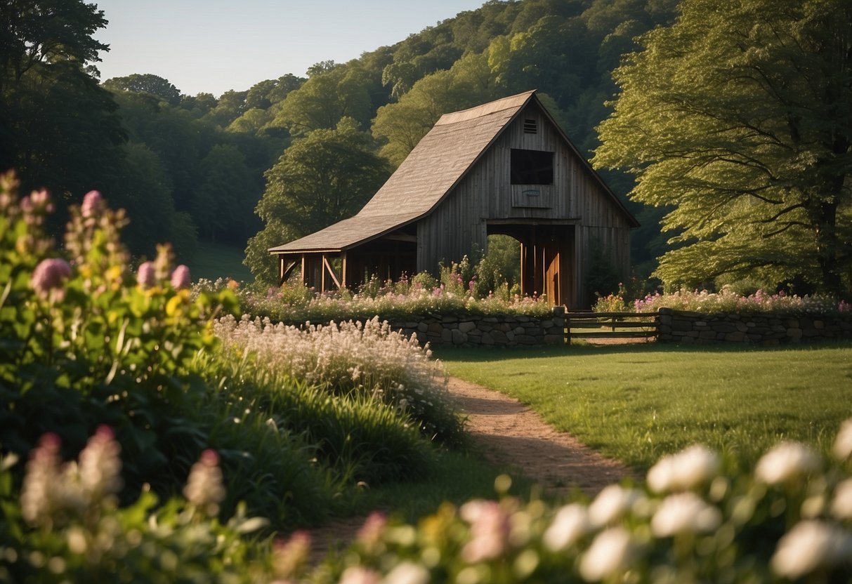 A picturesque barn nestled in the rolling hills of Pennsylvania, surrounded by lush greenery and blooming flowers, with a charming gazebo for outdoor ceremonies