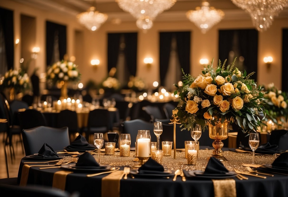 A grand ballroom adorned with black and gold decor. Elegant black tablecloths, golden centerpieces, and shimmering candlelight create a luxurious atmosphere