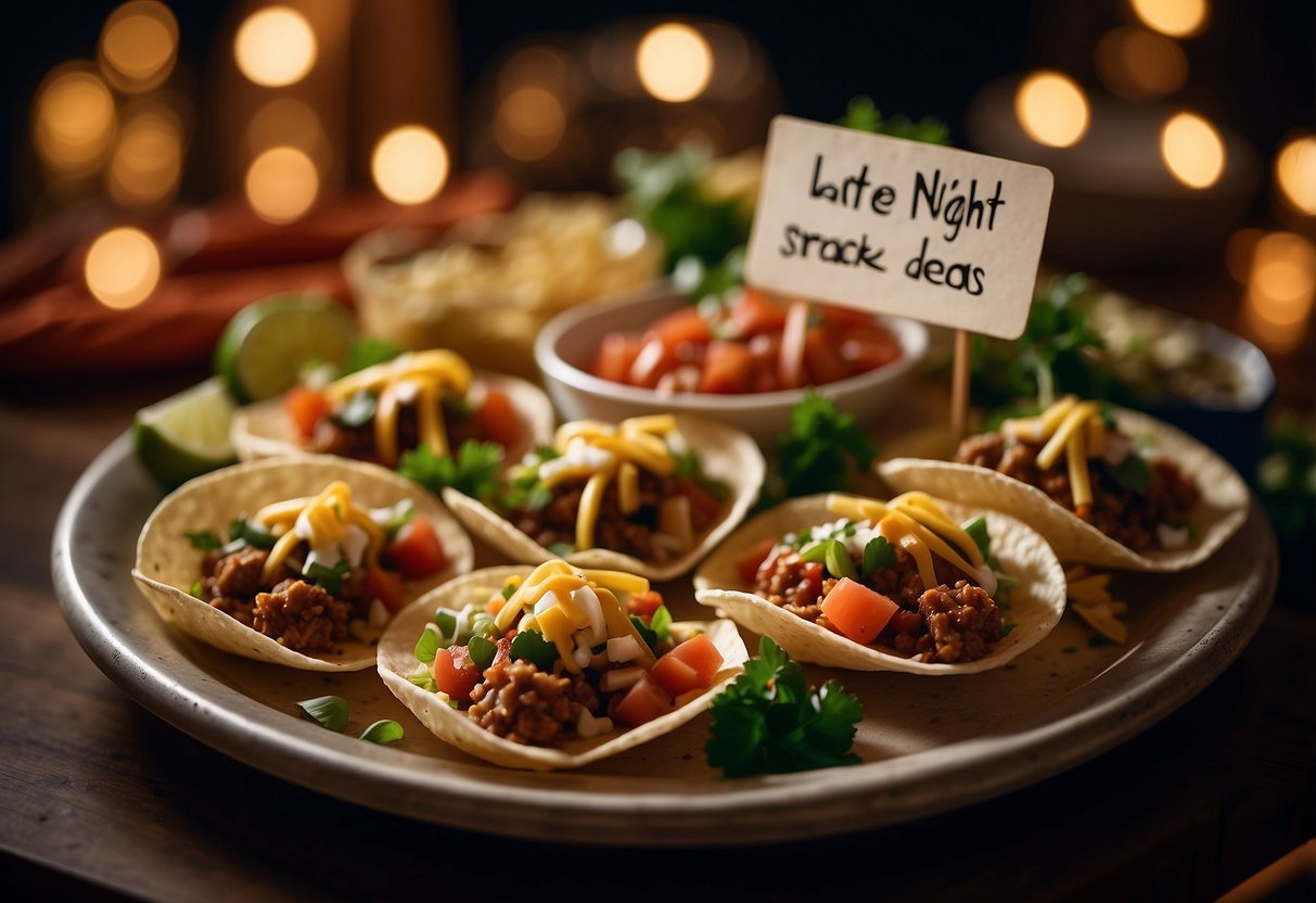 Mini Tacos arranged on a decorative platter, surrounded by festive wedding decor and dim lighting, with a sign indicating "Late Night Snack Ideas."