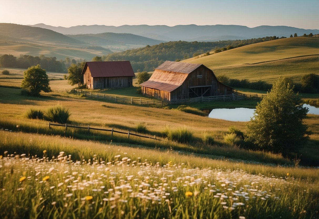 A rustic barn wedding with rolling hills, a charming farmhouse, and a serene lake in the background. Vibrant wildflowers and twinkling lights add a touch of romance to the picturesque setting