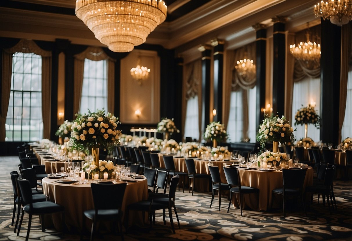 A grand ballroom adorned with black and gold accents, featuring elegant table settings and opulent floral arrangements