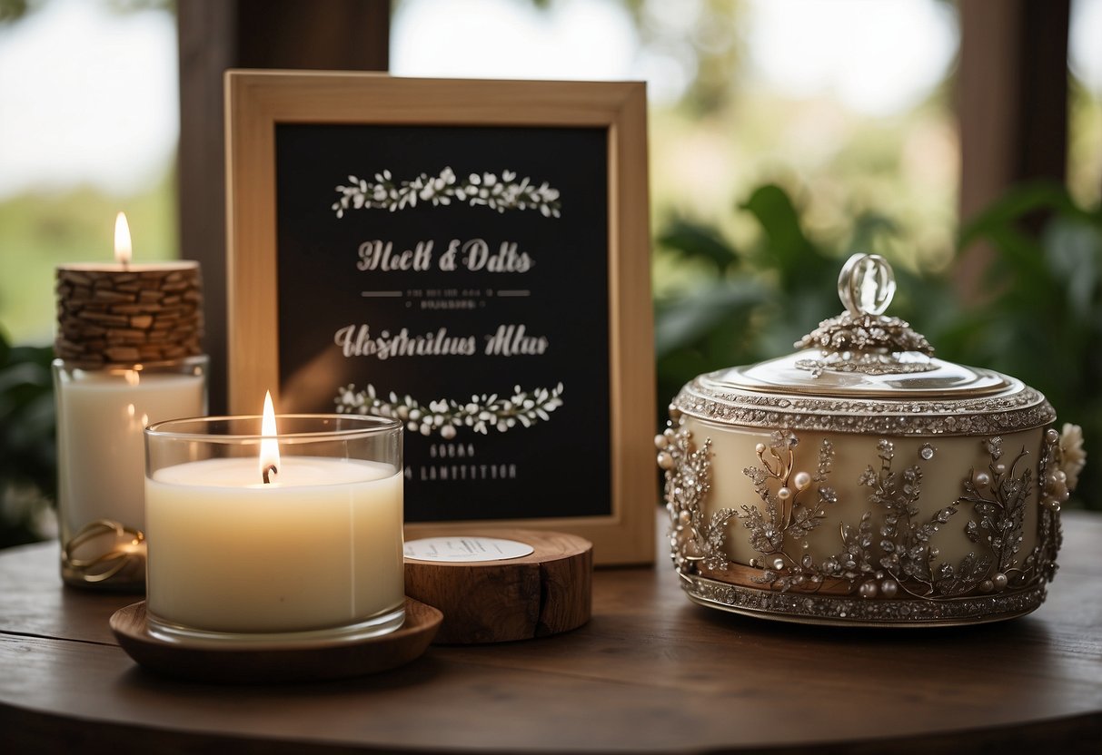 A table with handmade wedding gift items: photo album, personalized candles, and a decorative wooden sign