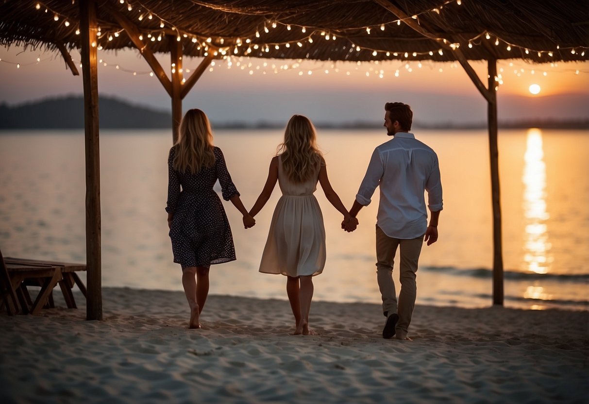 A couple walks hand in hand along a tranquil beach at sunset, with a small island in the distance. A table is set for a romantic dinner under a canopy of fairy lights