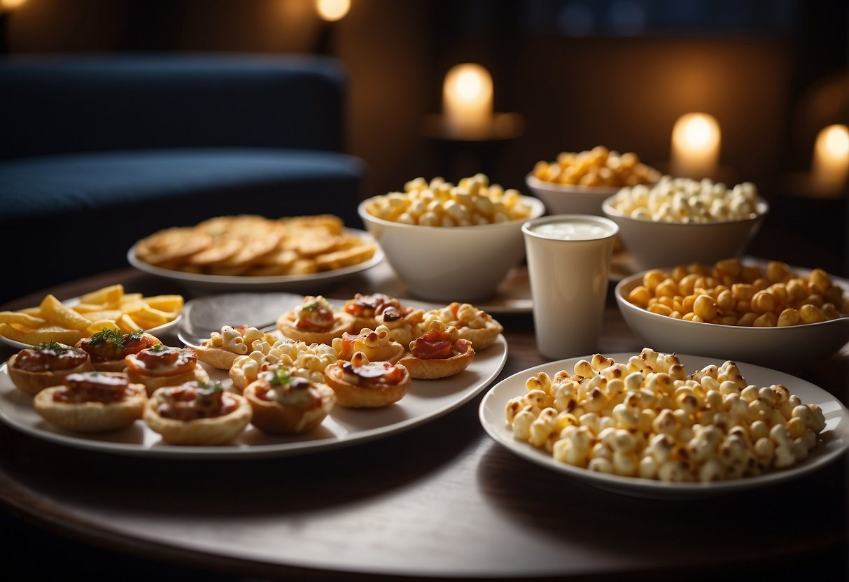 A table with various late-night snack options, such as mini sliders, pizza slices, and popcorn, displayed on elegant platters with soft lighting and a cozy ambiance