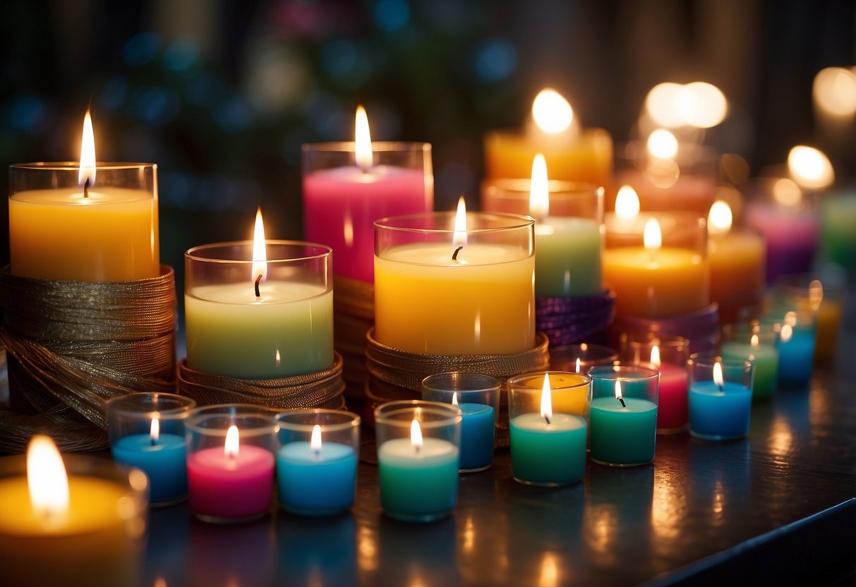 A table adorned with various colored handmade scented candles, arranged in an elegant display. A ribbon tied around each one, suggesting they are wedding gift ideas