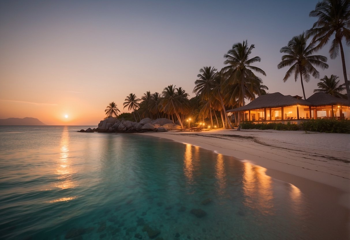 A serene beach with palm trees, crystal clear waters, and a luxurious resort nestled along the shore. A romantic sunset casts a warm glow over the scene