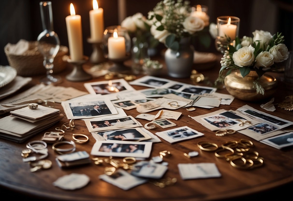 A table with scattered photos, ribbons, and glue. A pair of scissors and decorative paper. A finished scrapbook with "Wedding Memories" on the cover