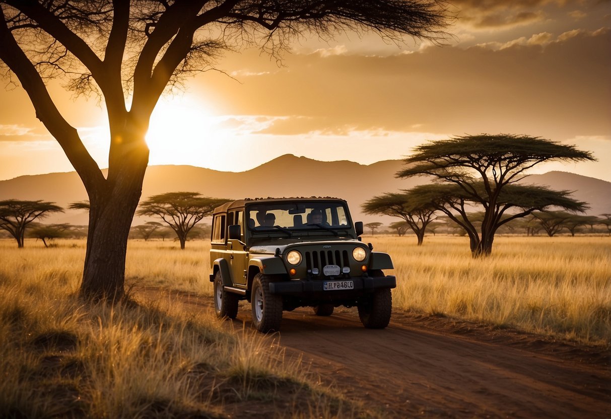 A safari jeep drives through the Kenyan savanna, passing by acacia trees and grazing wildlife. The golden sun sets behind the distant mountains, casting a warm glow over the picturesque landscape